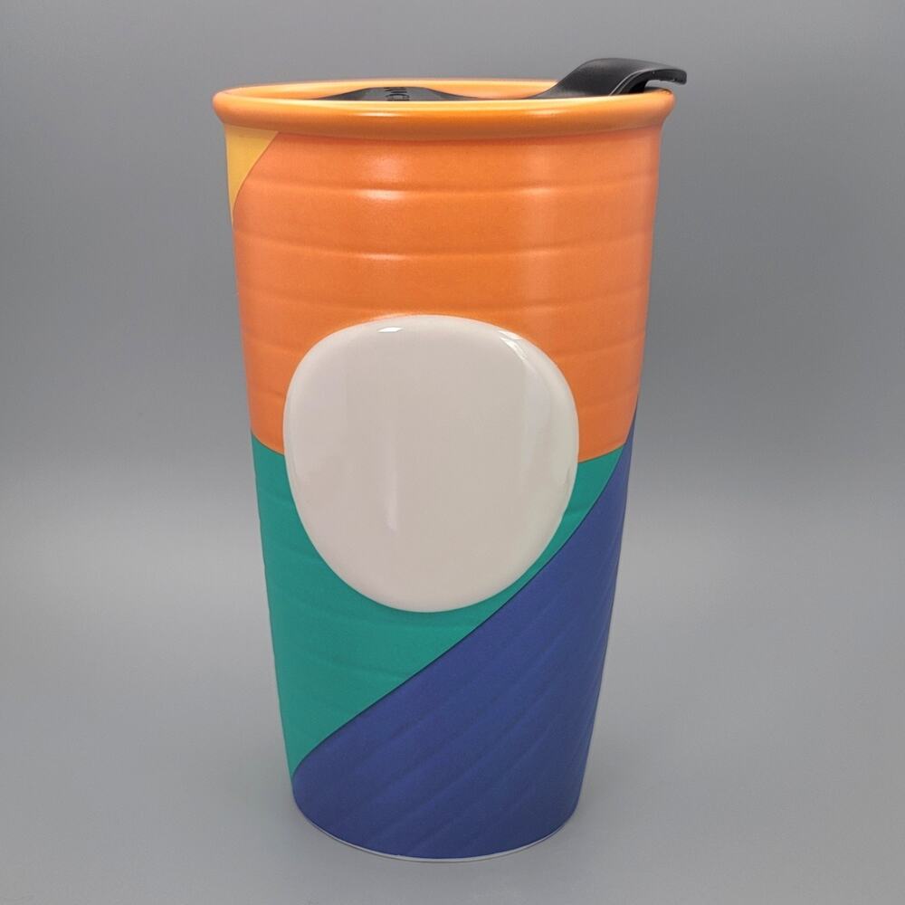 Starbucks 2016 Orange Blue Teal Color Block Ceramic Travel Tumbler Mug Slide Lid